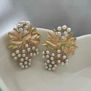 Mona Gold Leaf Pearl Cluster Statement Earrings
